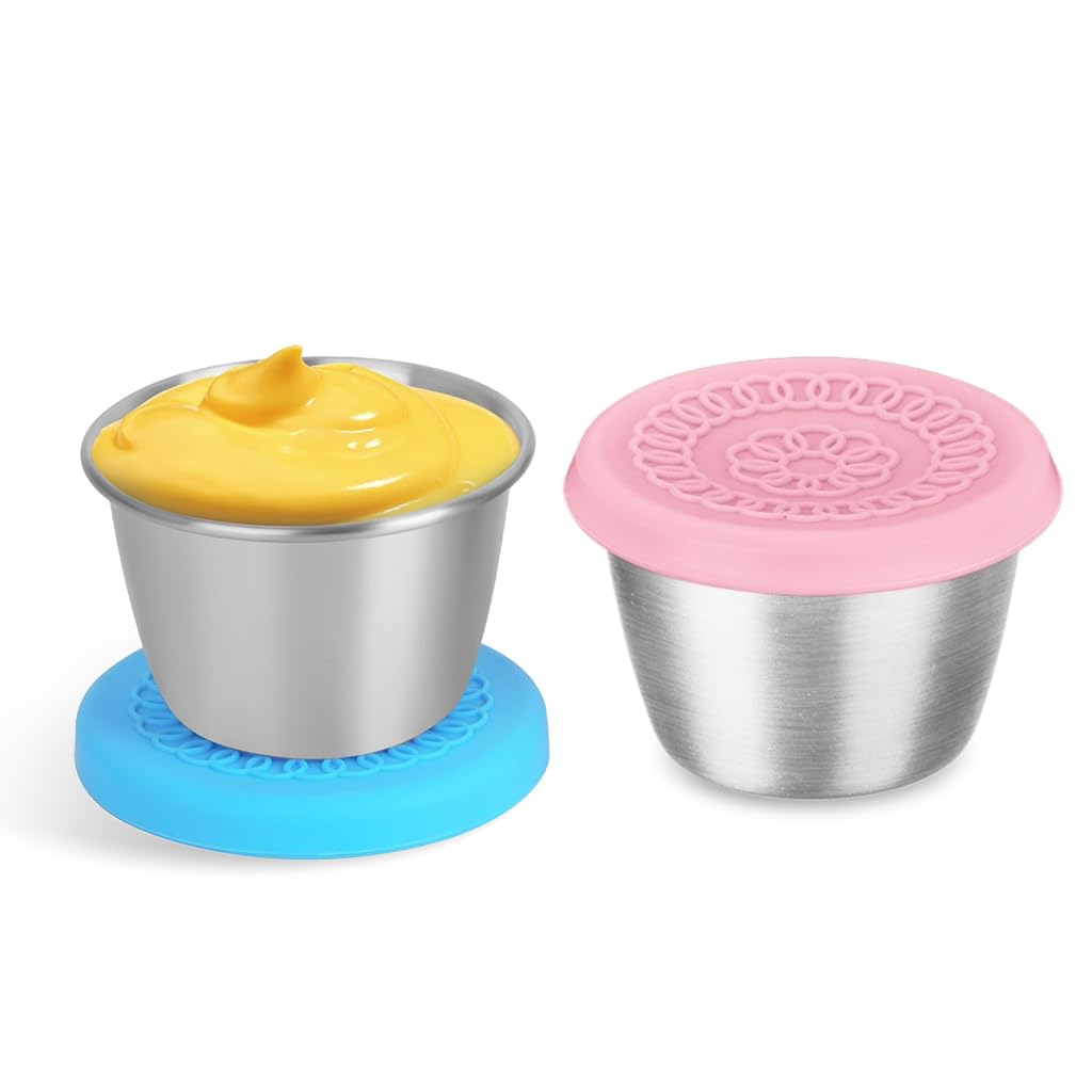 HASTHIP 2pcs Ketchup Cups 70ML Stainless Steel Sauce Cups with Silicone Lid Leakproof Salad Dressing Container Ketchup Cups for Lunch Bento Box, Picnic, Travel HASTHIP 2pcs Ketchup Cups 70ML Stainless Steel Sauce Cups with Silicone Lid Leakproof Salad Dressing Container Ketchup Cups for Lunch Bento Box, Picnic, Travel